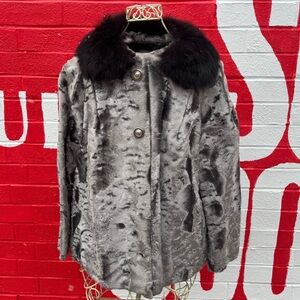 Stunning Vintage 1960’s Silver Faux Fur with Black Collar Swing Coat - M/L